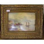 E. Bignold Sailing vessels in a continental harbour Oil on board, Signed 23cm x 33cm
