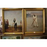 Four oleographs of cricket oil paintings, including W.E. Grace and 19th century works, and a print