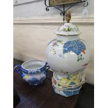 A pair of baluster form Delft style vases and covers, converted to electric table lamps, decorated