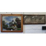 A painting on glass of a figure before a windmill and cottages, 42cm x 54cm and a print in a