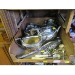Silver plate teapot, jug, cutlery and pewter wares