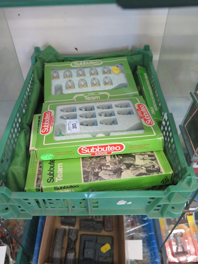 Subbuteo, six full teams in original packaging and a pair of goalkeepers with caps boxed