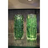 A pair of Whitefriars meadow green glass bark vases, designed by Geoffrey Baxter, 19cm high, one