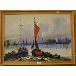 J. Hilten Fishermen in sailing vessels at a town port Oil on board, signed, 48.5cm x 68.5cm