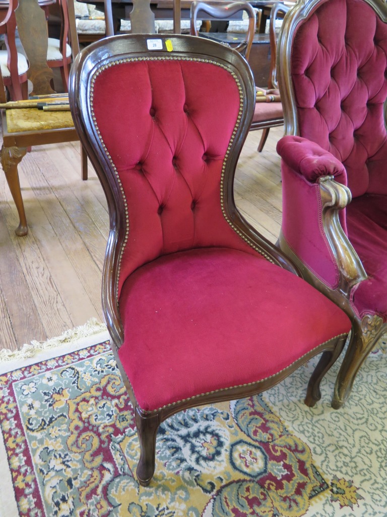 A French style reproduction button back armchair, a nursing chair, and two walnut dining chairs (4)
