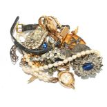 A small collection of costume jewellery to include two ladies gold wristwatches and a string of