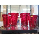 A large pair of Whitefriars red glass ribbon trail vases 27.5cm high, and another pair similar