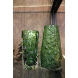 A Whitefriars meadow green glass volcano vase 18cm high and a meadow green bark vase, with label,