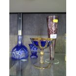 A Bohemian Czech overlay blue glass with gilt decoration and stemmed compot glass bowl together with