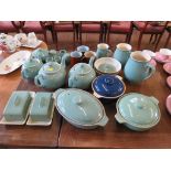 Denby green glaze stoneware tablewares, including teapots, butter dishes, tureens and other Denby