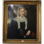 19th century English School Half length portrait of a Victorian widow holding a rose, oil on