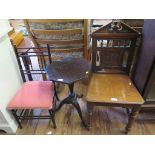 An Edwardian oak hall chair, with triangular top rail and turned legs, a child's turned chair, a