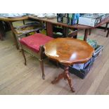 An Edwardian inlaid piano stool, two Sorrento inlay tripod tables and a shaped tray (4)