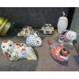 Royal Crown Derby paperweights: seal, tortoise, frog, penguin, bulldog, rabbit, seated pheasant