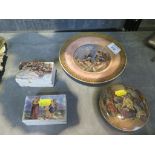 Prattware plate titled P Wouverman Pink together with a pot lid Hide and Seek and two paste boxes,