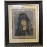 After Herbert Schmalz Portrait of a lady in a black bonnet Lithograph, signed and inscribed in