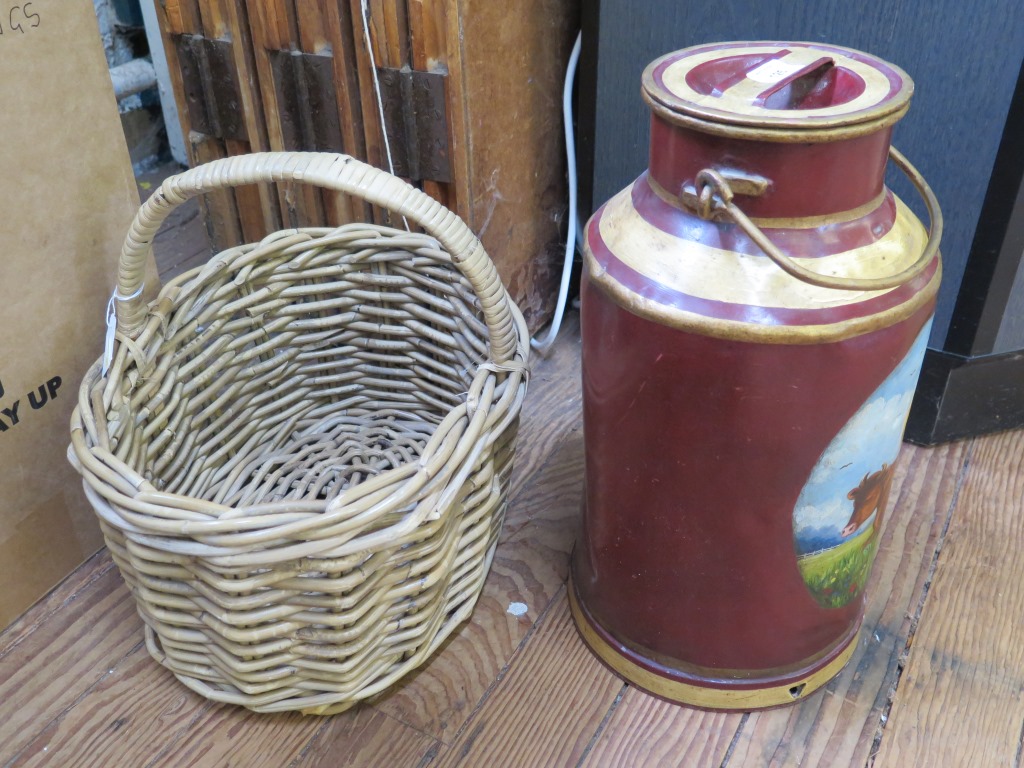 A painted milk churn depicting a cow and haystack, stamped V Setterfield Westgate on Sea, 43cm