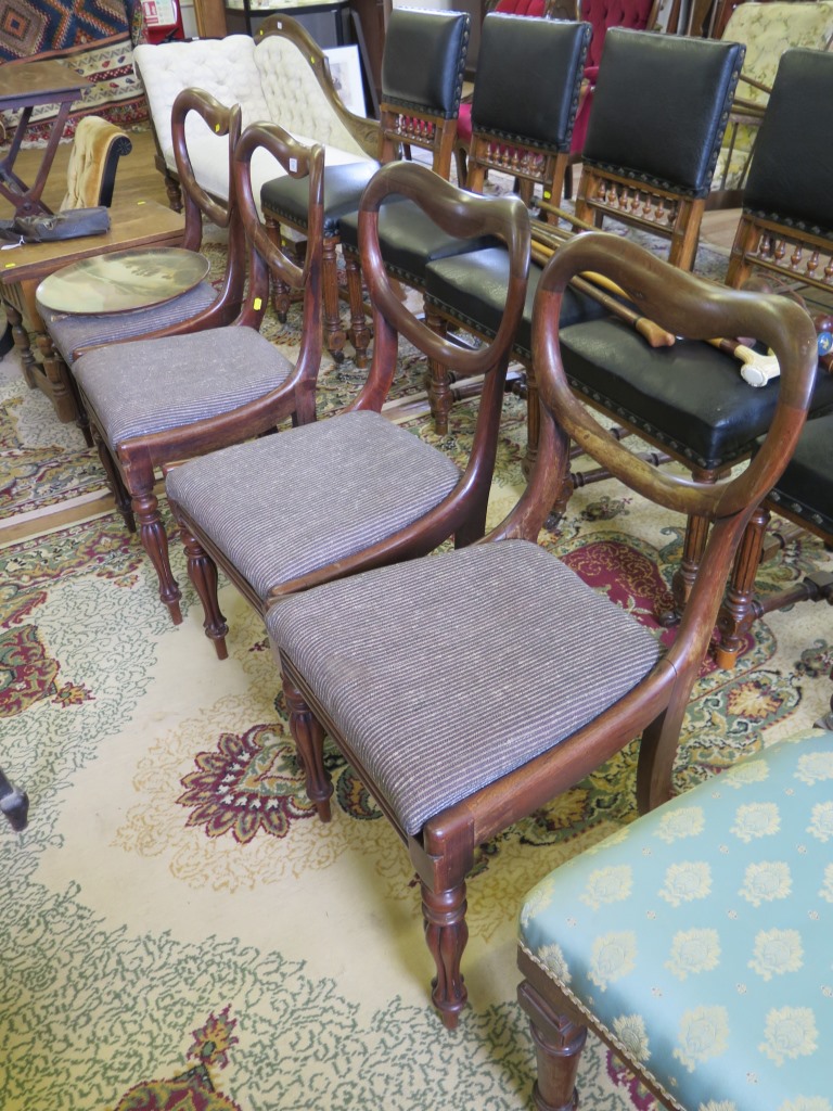 A set of four early Victorian rosewood balloon back dining chairs, with lobed baluster legs (4)