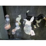 A collection of seven various porcelain animals, cats, birds, rabbit and mouse