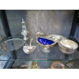 Seven silver plated items including salver, sugar sifter, cake slice server and baskets (7)