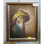 Oil on board study of an old Oriental gentleman with a straw hat smoking a pipe, unsigned 23.5cm x