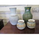 Two 1960's Denby pottery vases with green glazed colours stipple patterns to bases with smooth