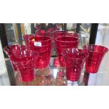 A pair of Whitefriars red glass ribbon trail vases 13cm high, and two other pairs, similar, 14cm and