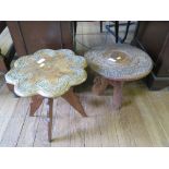 An Indian carved wood circular low table with brass inlay 37cm diameter, 32cm high and another