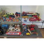 Various model farm figures and equipment including Matchbox and plastic Britains, diecast trucks and