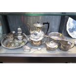 A collection of silver plate to include tea pot, coffee pot, tray, etc