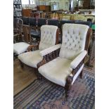 A pair of late Victorian walnut lady's and gent's salon chairs, with button upholstery, moulded