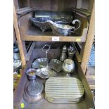 Two trays of silver plate to include swing handle basket, sauce boat, etc