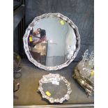 A silver plated round tray with gadrooned edge together with a small silver plated waiter