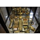 Brass wares including two pen trays, two stamp boxes, letter rack, ink-stand with bottle, Morpheus