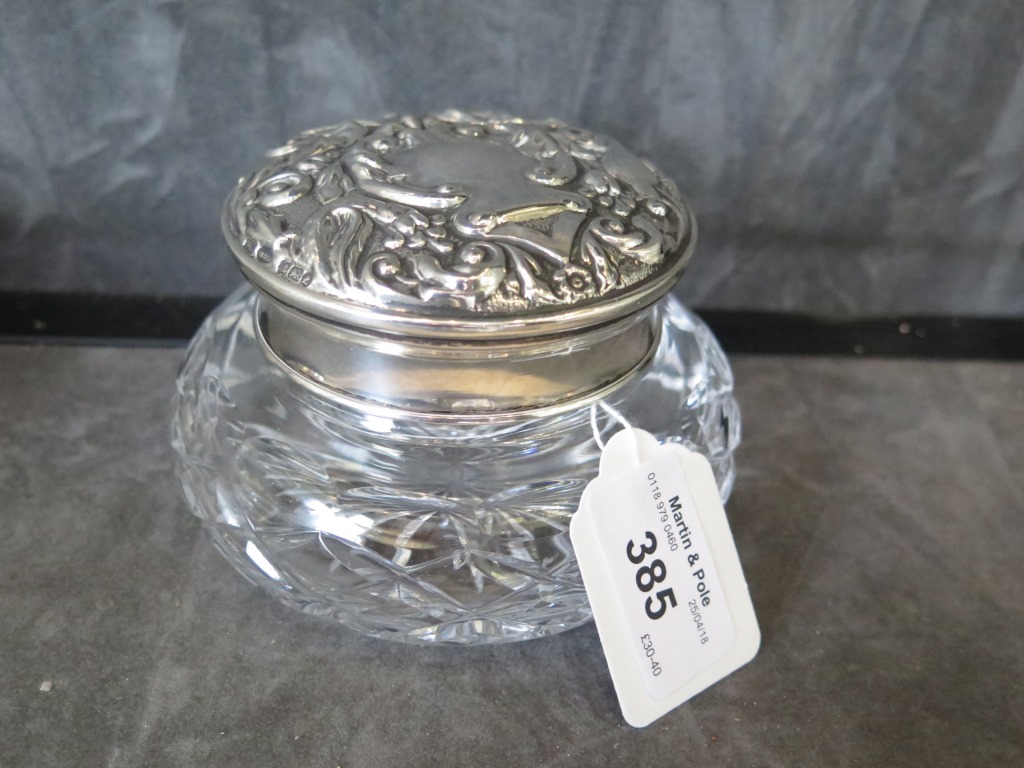 A silver topped Royal Brierley lead crystal powder jar, Birmingham 1975