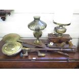 Two oil lamps, two brass warming pans, two woodplanes and a hand drill