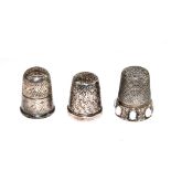 Two silver thimbles and silver colour metal thimble set with opals