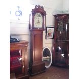 A 19th century oak cased longcase clock, the swan neck pediment over a painted arch dial depicting