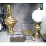 A Russian brass samovar 48cm high, a brass oil lamp and other brassware