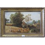 C. Priestley Harvesting near Wilmslow, Cheshire Oil on canvas Signed and inscibed verso 29cm x 49cm
