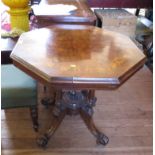 A mid Victorian burr walnut octagonal window table, the top inlaid with ivy motif border on four
