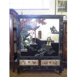 A painted and lacquered Oriental cabinet, depicting figures and birds in garden scenes, the pair