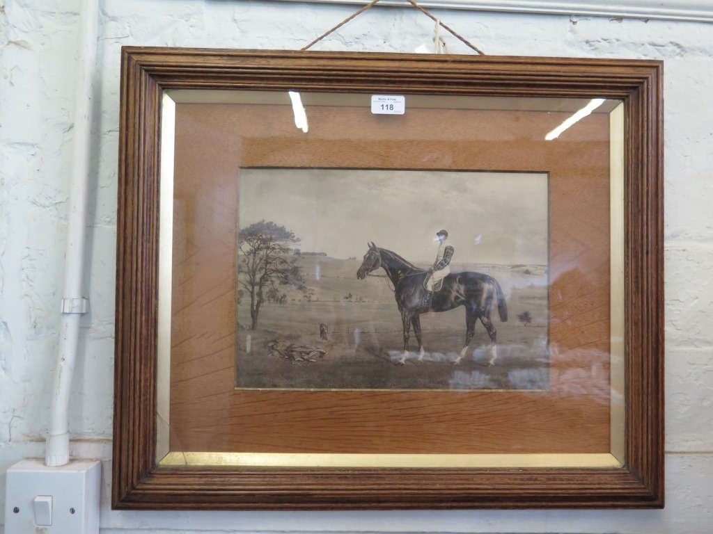 Racehorse, Wildfowler and jockey Lithographic print c.1900, 25 x 35cm