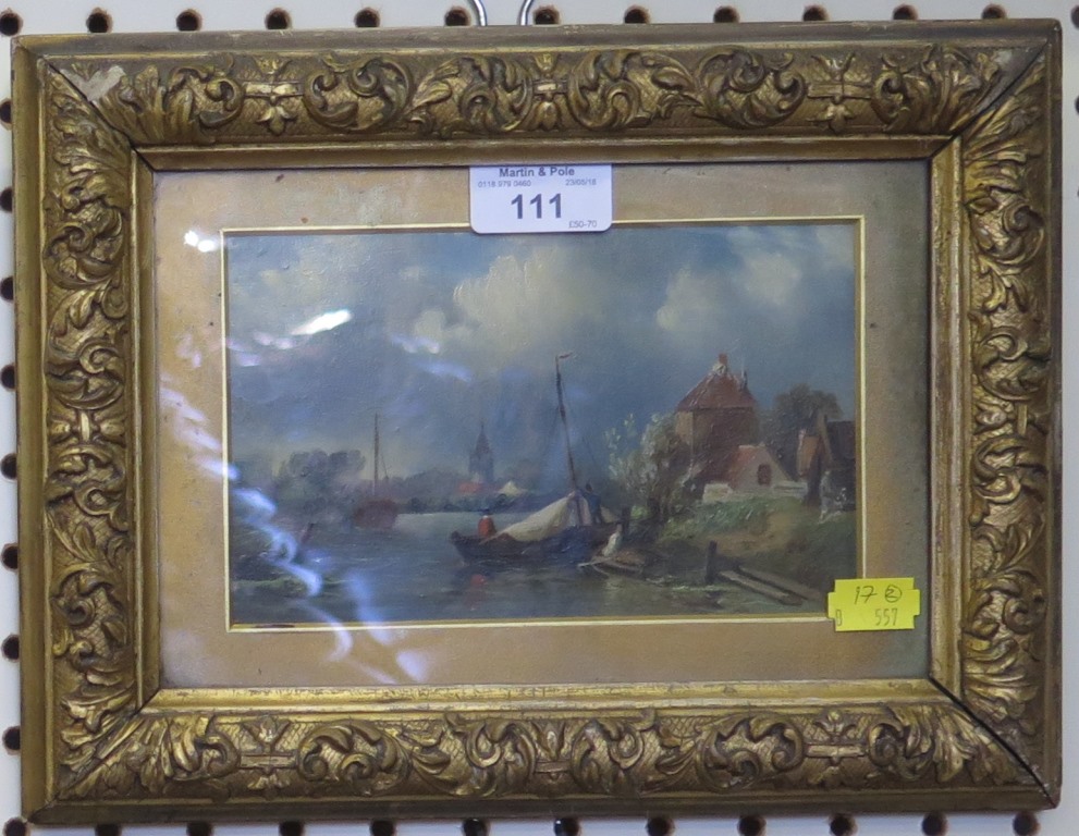 19th century Dutch school Sailing vessel moored on a river, oil on board 11cm x 17cm and a