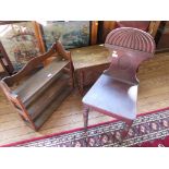 A Regency mahogany hall chair, with waisted reeded back and reeded legs, a carved oak small