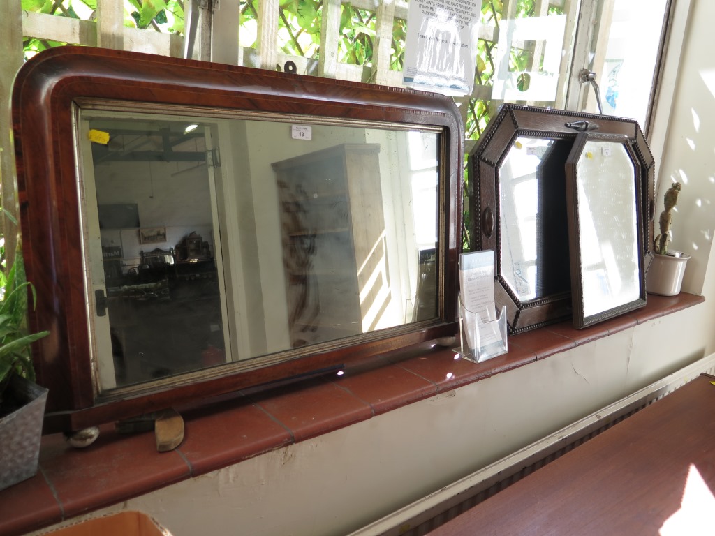 A Victorian crossbanded walnut overmantel mirror 82cm x 51cm and two other wall mirrors (3)