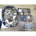 A box of world coinage, 20th century, a tin of penny coins and a tin of half penny coins (3)