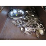 Assorted silver plate cutlery and three fire irons
