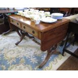 A reproduction George III style yewwood sofa table, with two frieze drawers over lyre shape supports