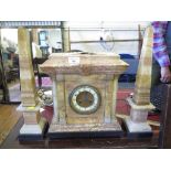 A late Victorian variegated yellow marble clock garniture set, of architectural form, the twin train